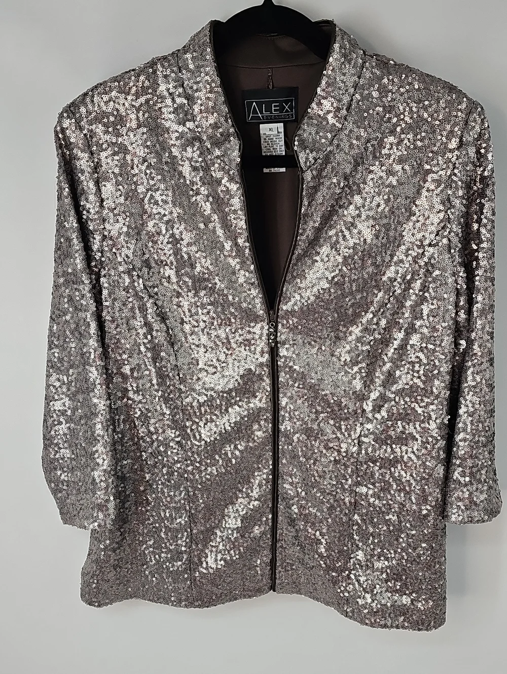 Alex Evenings Stunning Silver Sequined Cocktail Jacket w Front Zipper Elegant